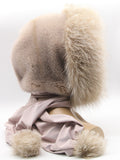 Interior view powder pink mink fur hood scarf wrap showing pale fabric lining and construction