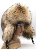 Close-up of raccoon fur on women’s ushanka showing golden underfur and black-tipped guard hair