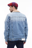 Back view man in red blue plaid 8-panel newsboy cap showing construction with denim jacket