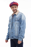 Close-up man in red blue plaid 8-panel baker boy hat showing pattern detail denim jacket