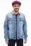 Torso front view man in red blue plaid newsboy cap with burgundy sweater denim jacket