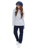 Front full body view woman wearing royal blue wool newsboy cap with maritime outfit