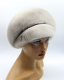 Sapphire mink beret voluminous crown front view showing rare grey-blue natural fur color and full dome shape