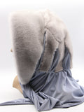 Back view sapphire mink fur hat hood jersey shawl showing full blue-grey mink coverage and jersey shawl