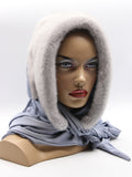 Sapphire mink fur hat hood front view on mannequin showing blue-grey natural mink and jersey shawl drape
