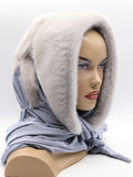 Sapphire grey natural mink fur hat hood with blue-grey jersey shawl on female model, front view showing cool mink and draped 