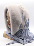 Side profile sapphire mink fur hat hood jersey shawl on mannequin showing hood depth and wide jersey drape