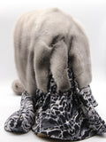 Back view sapphire mink fur hat hood showing full blue-grey mink coverage and leopard print scarf