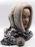 Sapphire mink fur hat hood front view on mannequin showing blue-grey mink and watercolor leopard print scarf