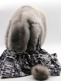 Close view sapphire mink fur hat hood showing natural blue-grey mink pile texture and clean face opening