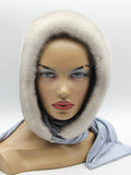 Sapphire mink fur hood front view on mannequin showing clean blue-grey mink face opening without trim