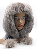 Sapphire blue-grey mink fur hood scarf wrap with silver fox trim on female model, front view