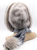 Back view sapphire mink fur hood scarf wrap showing blue-grey mink surface and scarf tail