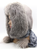 Sapphire mink fur hood scarf wrap front view on mannequin showing silver fox face trim and scarf drape