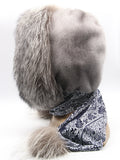 Three-quarter view sapphire mink fur hood with silver fox trim showing blue-grey mink body texture