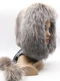 Top view sapphire mink fur hood on mannequin showing blue-grey mink pile and silver fox trim detail