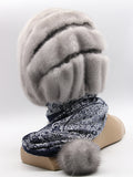 Back view sapphire mink suede striped fur hat hood showing alternating mink pile and flat suede stripes across full hood