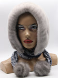 Sapphire mink suede striped fur hat hood front view on mannequin showing alternating fur and suede bands