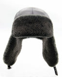 Sheepskin trapper aviator hat front view earflaps down