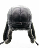 Back view sheepskin trapper hat earflaps tied up
