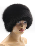 Solid black fox hat for women, slight right angle showing velvety texture