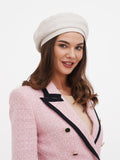 Summer beret hat women ivory, upper body view showing linen texture and beret silhouette