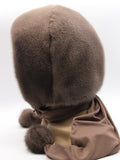 Close view tobacco brown mink hood showing dense flat dyed mink pile with warm caramel-brown tone