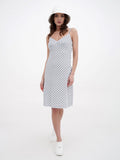 White bucket cloche hat with decorative belt, three-quarter view