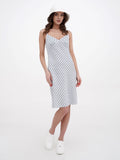 Woman in white bucket hat and striped dress, front view