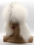 White fox hat with leather crown, right three-quarter view with flaps down