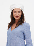 White French beret hat for women smiling portrait, adjustable fit summer linen cap