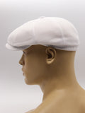 White handmade newsboy cap mannequin front view linen blend