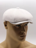 White linen baker boy cap mannequin side view canvas brim detail