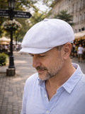 White linen cabbie hat side profile mens urban summer street