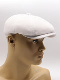 White linen newsboy cap mannequin three quarter side view structured
