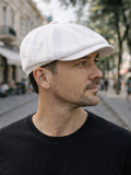 White linen newsboy cap mens front view urban summer black outfit