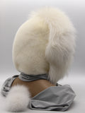 Back view white mink fur hood scarf wrap on mannequin showing mink crown texture and grey fabric body
