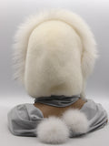 Side profile white fur hood scarf wrap showing mink crown, arctic fox face frame and fabric scarf length