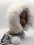 Three-quarter back view white mink arctic fox fur hood with grey fabric scarf and large white pompon