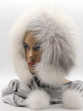 Top view white mink fur hood scarf wrap showing crown mink pile and arctic fox trim around face opening