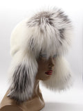 White mink fur hat for women with fluffy arctic fox brim and long ear flaps down