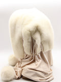 Close view white mink fur hat hood showing dense pure white mink pile and clean face opening edge