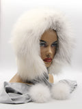 Interior view white mink fur hood showing grey lining construction and fabric body transition