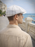White plaid linen baker boy cap side view mens summer driving hat