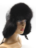 Women’s black aviator hat with dense arctic fox brim framing the face, left angle