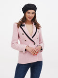 Women's black French linen beret three-quarter view showing beret silhouette with pink jacket