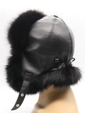 Rear view of women’s black fur aviator hat showing stitched leather panels and cord