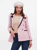 Women's cream linen beret with structured flat crown, three-quarter front view, spring outfit