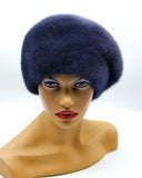 Women's dark blue mink beret gathered tucks front view showing dome crown and deep graphite blue fur