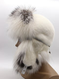Smooth white mink crown and fox-lined ear flap on women’s fur hat, right side view